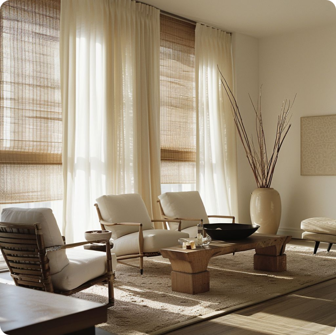 Light sheer curtains and bamboo blinds brighten a minimalist living room.